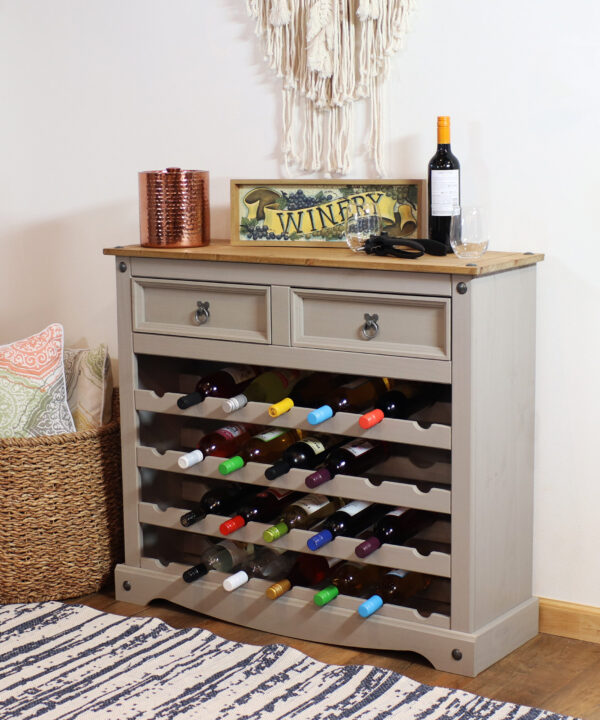 Solid Pine 28-Bottle Wine Cabinet with Drawers – Gray